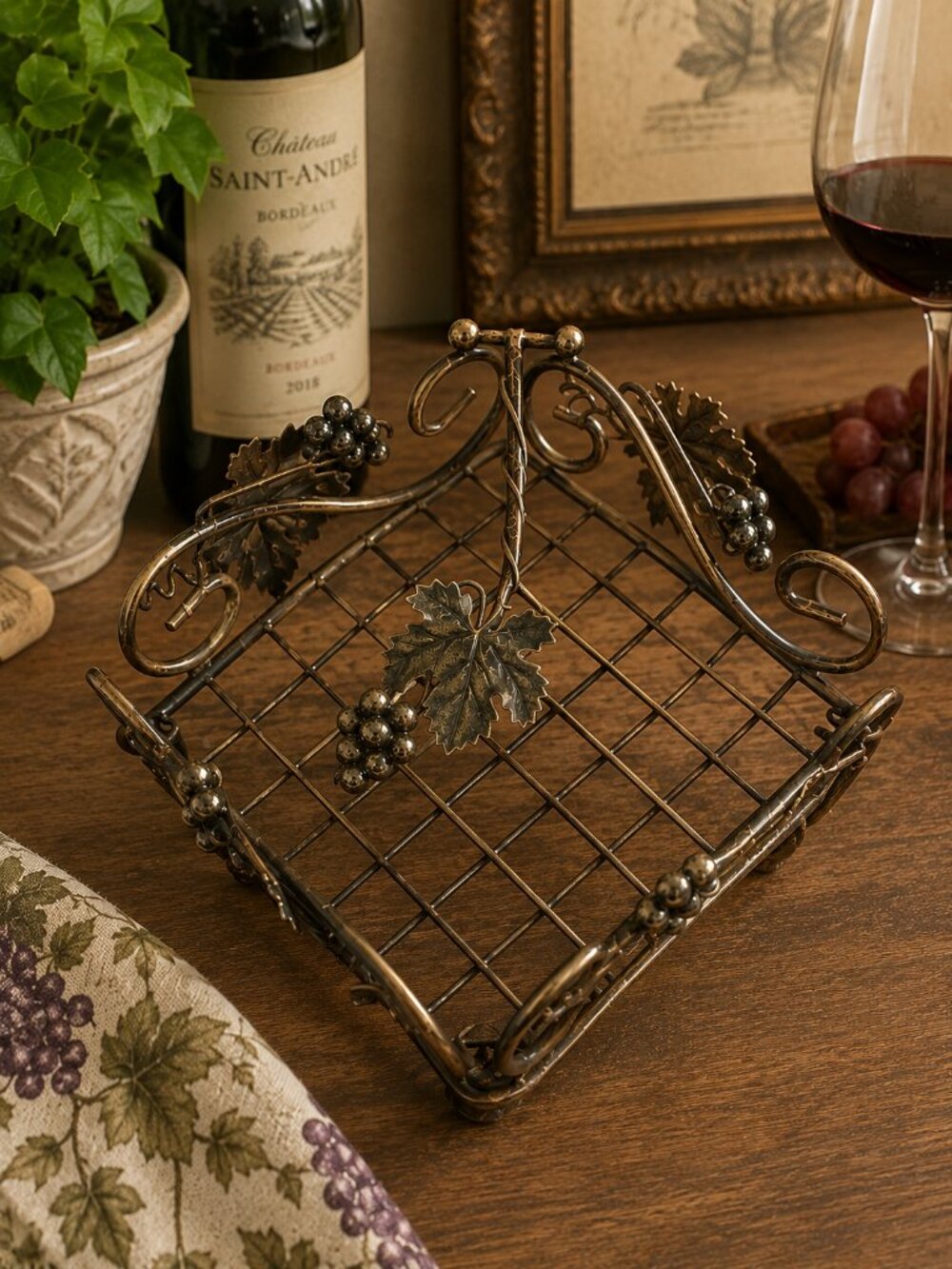 Vintage Wrought Iron Style Metal Napkin Holder Grapevine Rustic Tuscan Decor